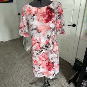 Sandra Darren Orange and Pink Sheath Midi Dress with Puff Sleeves